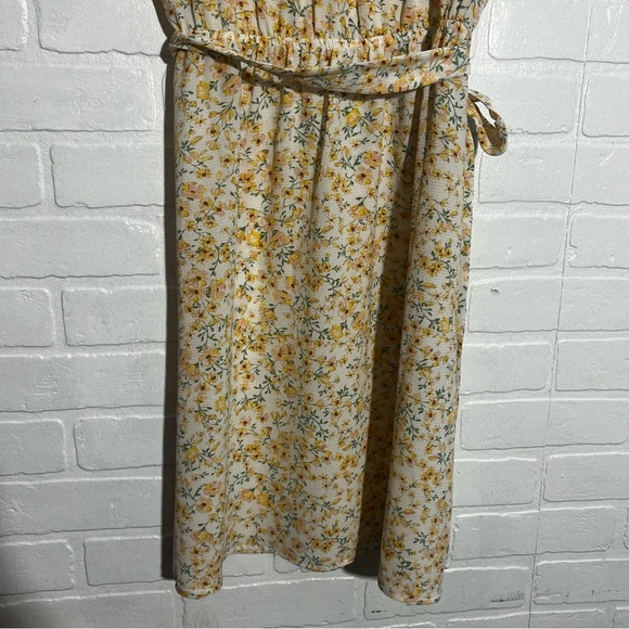 Womens Monteau Dress with Ruffle Sleeves & Waist Tie Floral Yellow Large - Picture 6 of 8